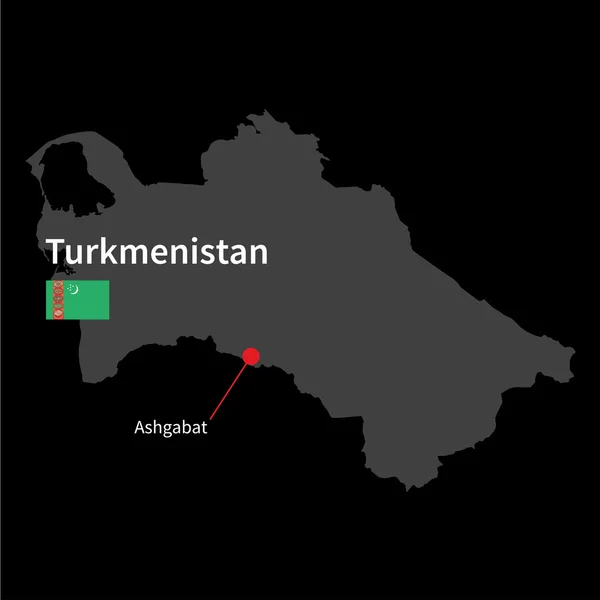 Mapa detallado de Turkmenistán y capital Ashgabat con la bandera sobre el fondo negro — Vector de stock