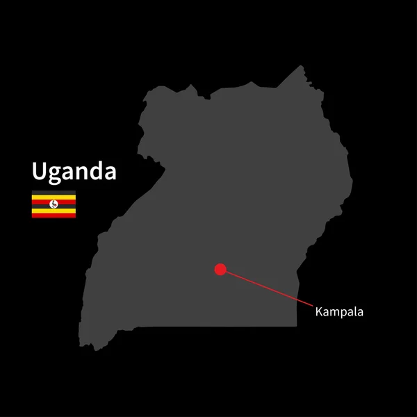 Mapa detallado de Uganda y capital Kampala con la bandera sobre el fondo negro — Vector de stock