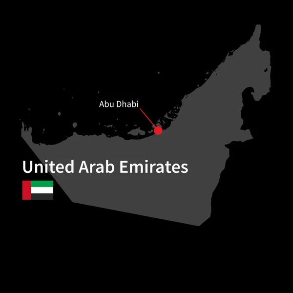 Detailed map of United Arab Emirates and capital city Abu Dhabi with flag on black background — Stock vektor