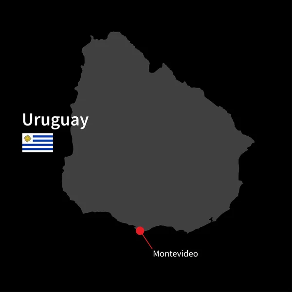 Szczegółowa mapa Urugwaju i stolicy Montevideo z flagą na czarnym tle — Wektor stockowy