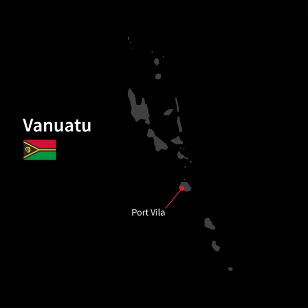 Detailed map of Vanuatu and capital city Port Vila with flag on black background — Stock Vector