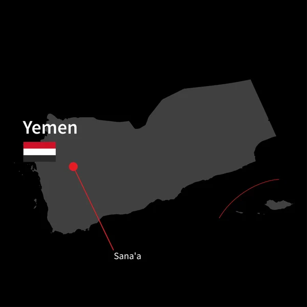 Mappa dettagliata dello Yemen e della capitale Sanaa con bandiera su sfondo nero — Vettoriale Stock