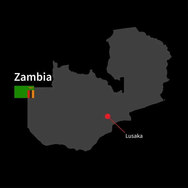 Mapa detallado de Zambia y capital Lusaka con la bandera sobre el fondo negro — Vector de stock