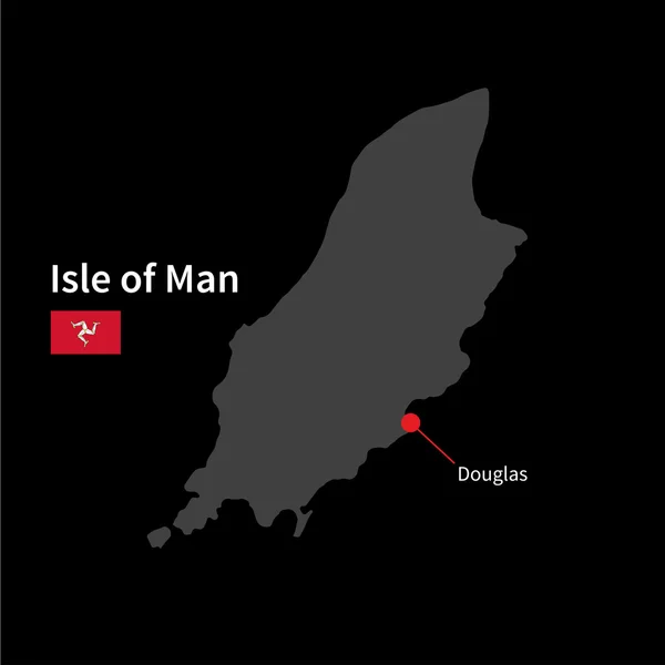 Mapa detallado de Isla de Man y capital Douglas con la bandera sobre el fondo negro — Vector de stock