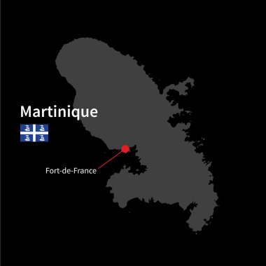 Martinik ve Başkent Fort-de-France siyah arka plan üzerine bayrak ile Detaylı Haritası