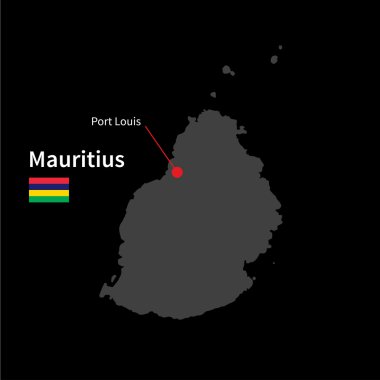 Mauritius ve başkent Port Louis siyah arka plan üzerine bayrak ile Detaylı Haritası