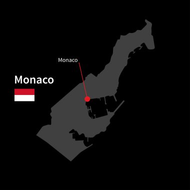 Monaco ve başkent Monaco bayrağı siyah arka plan üzerine Detaylı Haritası