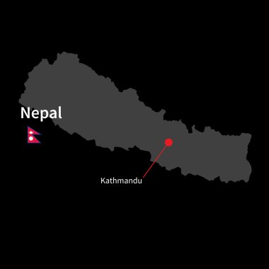 Nepal ve başkent Katmandu siyah arka plan üzerine bayrak ile Detaylı Haritası