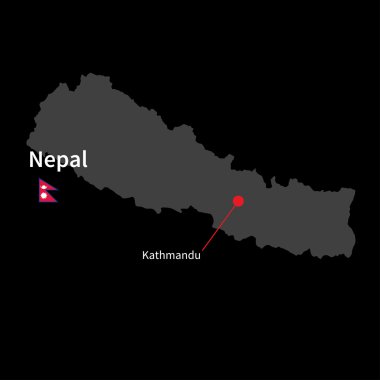 Detailed map of Nepal and capital city Kathmandu with flag on black background clipart