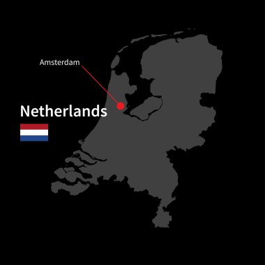 Hollanda ve başkenti Amsterdam siyah arka plan üzerine bayrak ile Detaylı Haritası