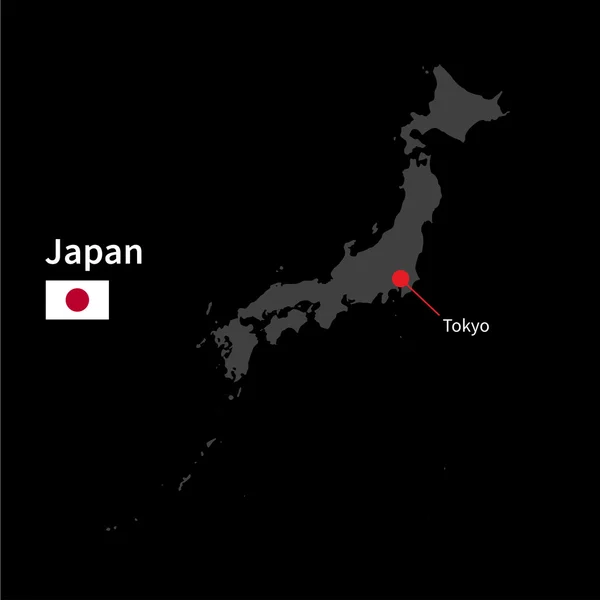 Detaljerad karta över Japan och huvudstaden Tokyo med flagga på svart bakgrund — Stock vektor