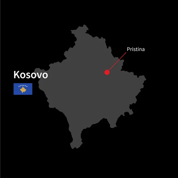 Detailed map of Kosovo and capital city Pristina with flag on black background — Stock Vector