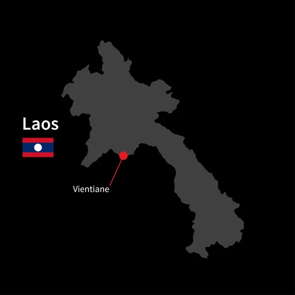 Detailed map of Laos and capital city Vientiane with flag on black background — Stock Vector