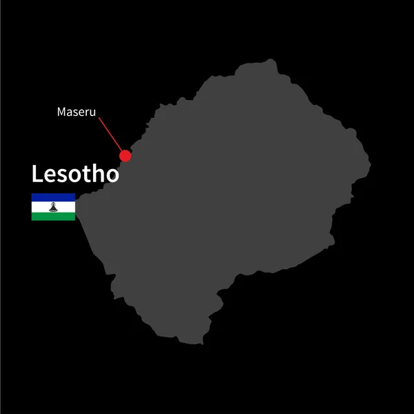 Detailed map of Lesotho and capital city Maseru with flag on black background — Stock Vector