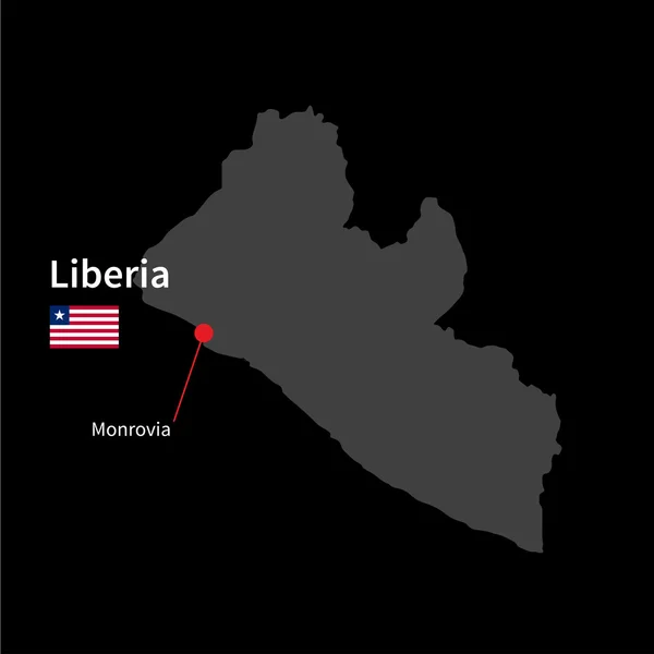 Detaillierte Karte von Liberia und der Hauptstadt Monrovia mit Flagge auf schwarzem Hintergrund — Stockvektor