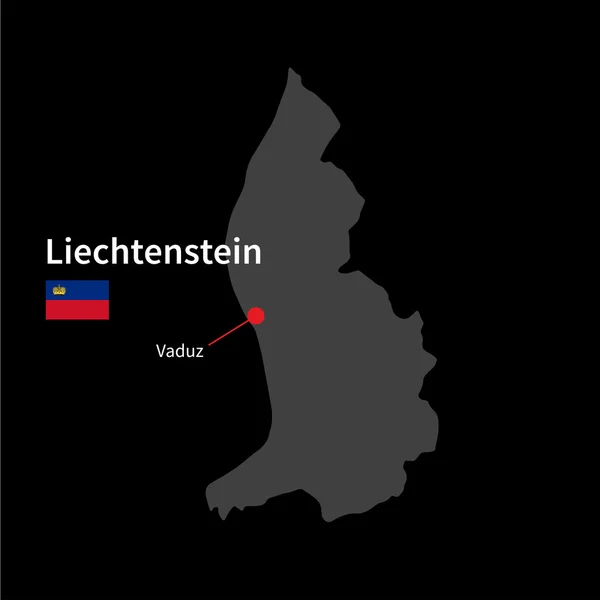 Detailed map of Liechtenstein and capital city Vaduz with flag on black background — Stock Vector