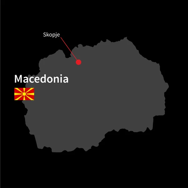Λεπτομερή χάρτη της Μακεδονίας και πρωτεύουσα Σκόπια με σημαία σε μαύρο φόντο — Διανυσματικό Αρχείο