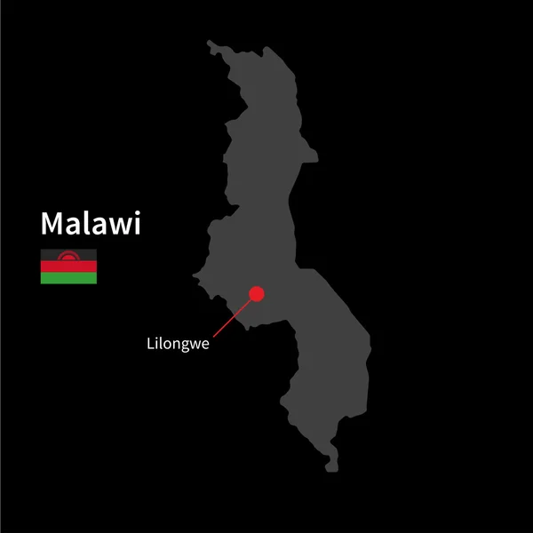 Mapa detallado de Malawi y capital Lilongwe con la bandera sobre el fondo negro — Vector de stock