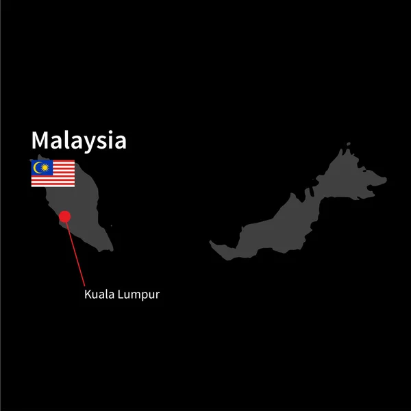 Detaillierte Karte von Malaysia und der Hauptstadt Kuala Lumpur mit Flagge auf schwarzem Hintergrund — Stockvektor