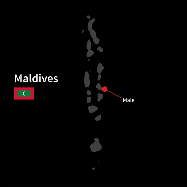 Detaillierte Karte der Malediven und der Hauptstadt männlich mit Flagge auf schwarzem Hintergrund — Stockvektor