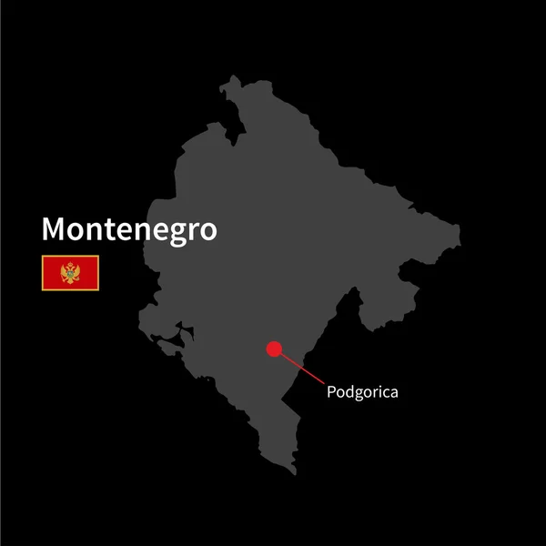 Mapa detallado de Montenegro y capital Podgorica con la bandera sobre el fondo negro — Vector de stock