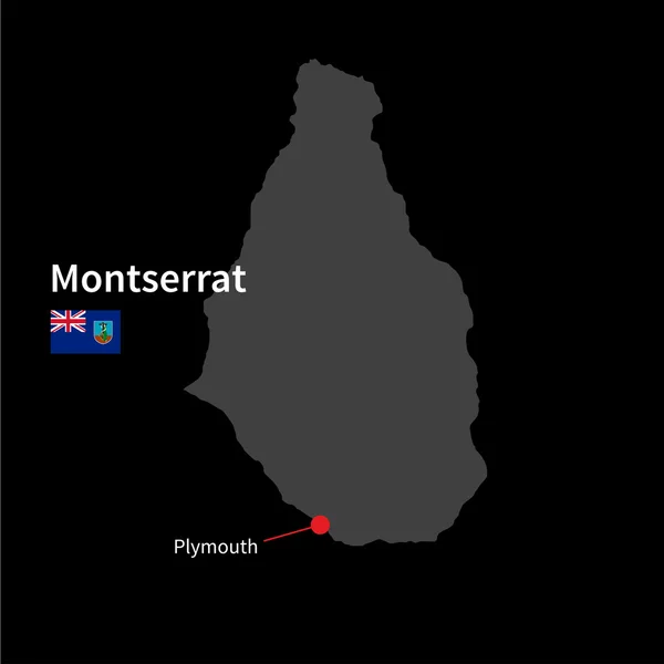 Mapa detallado de Montserrat y capital Plymouth con la bandera sobre el fondo negro — Vector de stock