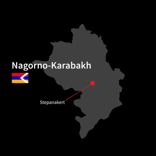 Mapa detallado de Nagorno-Karabaj y capital Stepanakert con la bandera sobre el fondo negro — Vector de stock