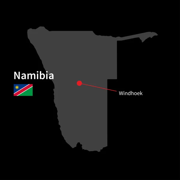 Detaillierte Karte von Namibia und der Hauptstadt Windhuk mit Flagge auf schwarzem Hintergrund — Stockvektor