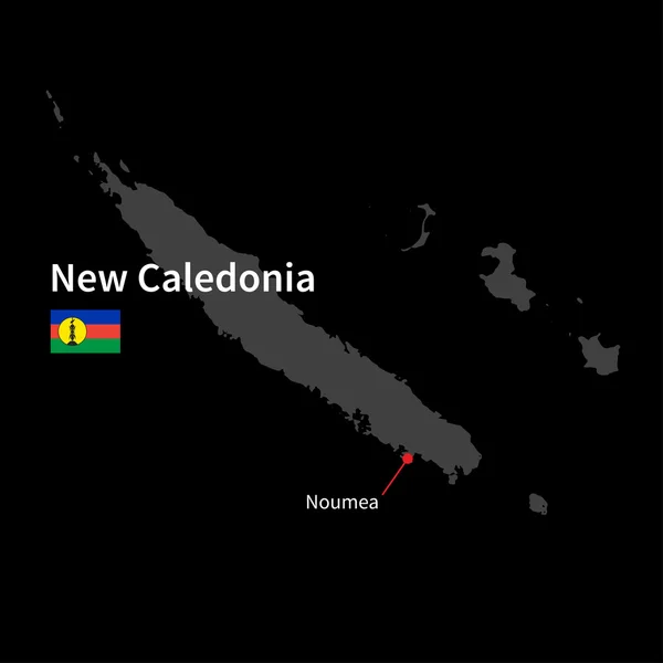 Detailed map of New Caledonia and capital city Noumea with flag on black background — Stock Vector