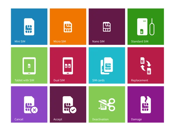 Iconos de tarjetas SIM estándar y mini sobre fondo de color . — Archivo Imágenes Vectoriales
