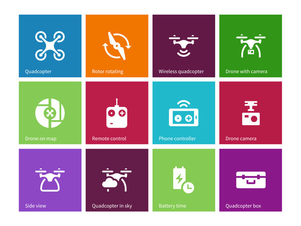 Components and equipment for quadrocopter icons on color background.