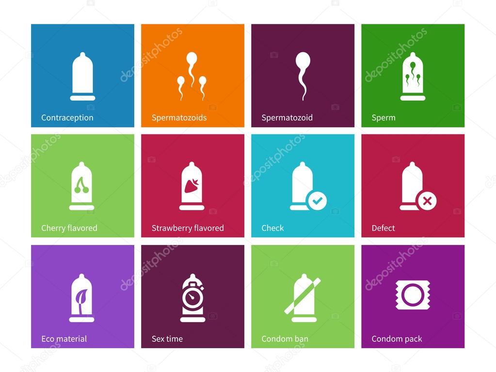 Sex and condom icons on color background.