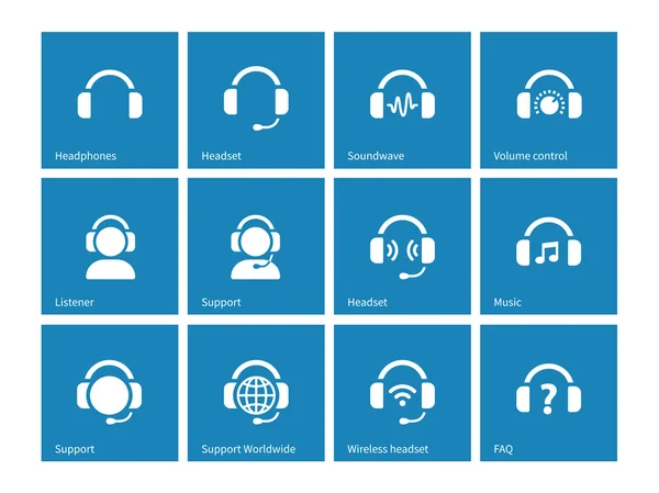 Iconos de auriculares sobre fondo azul . — Archivo Imágenes Vectoriales