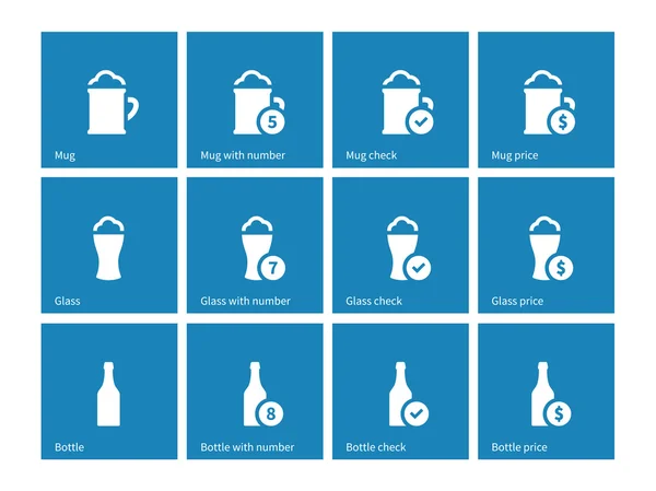 Fles en glas bier pictogrammen op blauwe achtergrond. — Stockvector