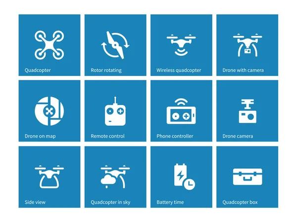 Iconos de Quadrocopter sobre fondo azul . — Vector de stock