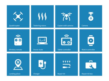 Multicopter drone icons on blue background. clipart