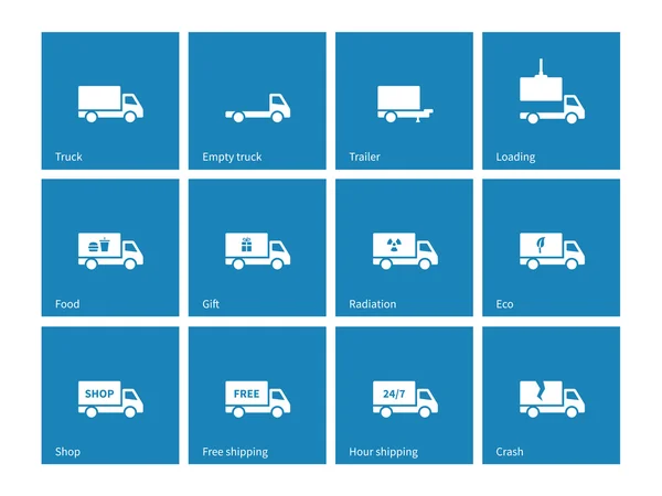 Iconos comerciales de camiones de reparto sobre fondo azul . — Archivo Imágenes Vectoriales