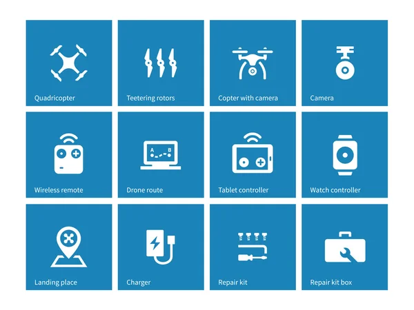 Iconos de drones multicopter sobre fondo azul . — Vector de stock