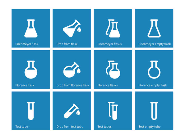 Test tube and flask icons on blue background.