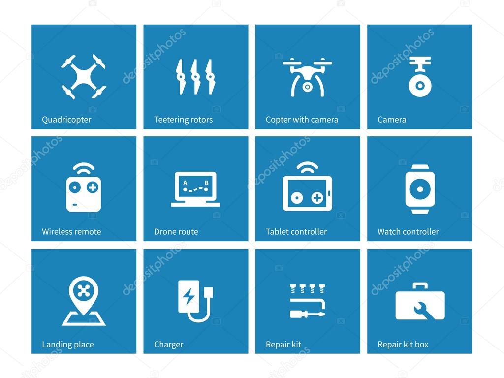 Multicopter drone icons on blue background.