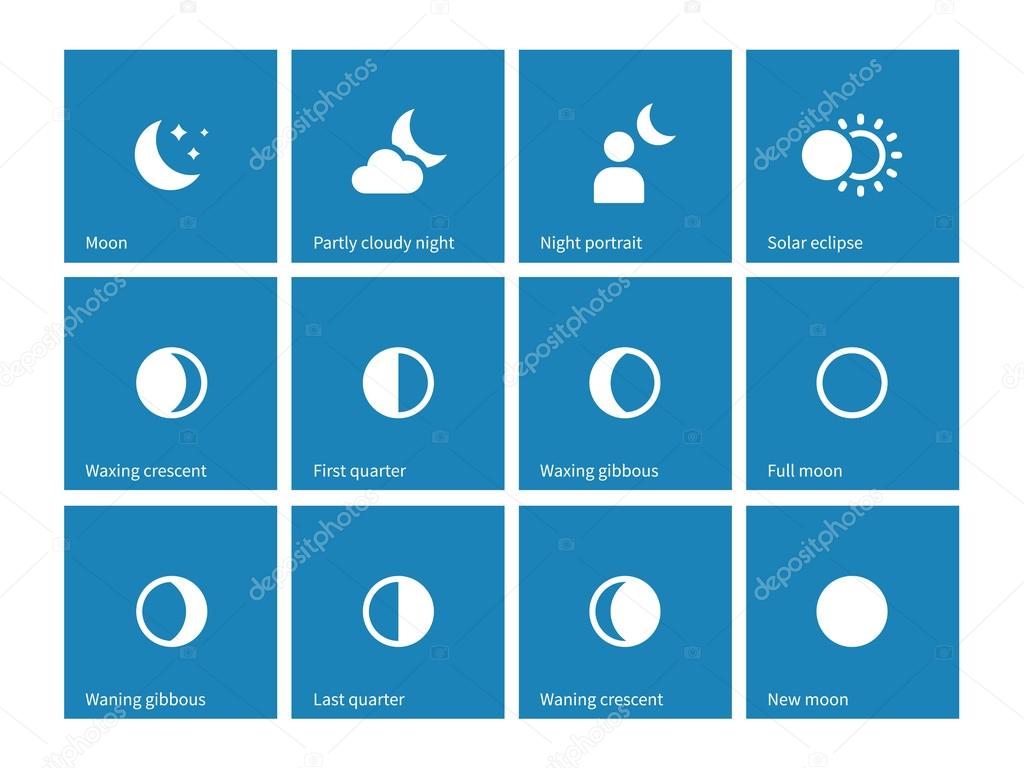 Moon lunar cycle icons on blue background.