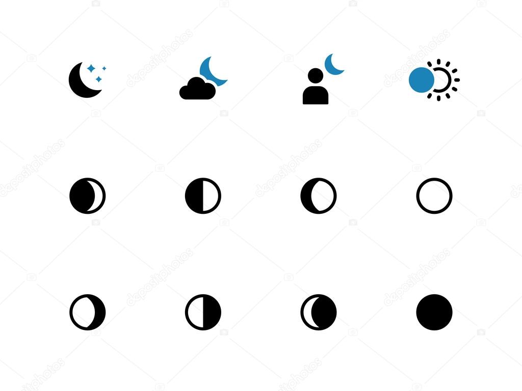 Phases of the moon duotone icons on white background.