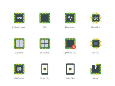 Modern computer processor color icons on white background.