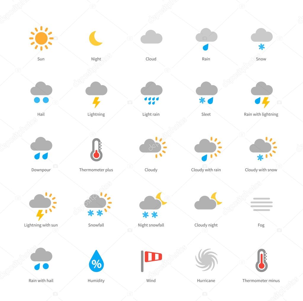 Weather colored icons on white background.