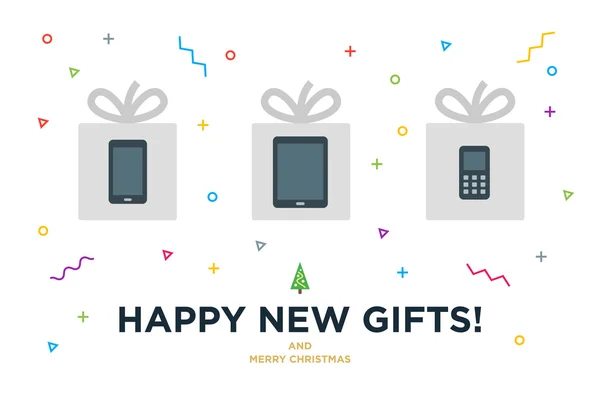 Happy New Gifts Carte de Noël avec Gadget dans une boîte cadeau blanche et des éléments de design modernes — Image vectorielle