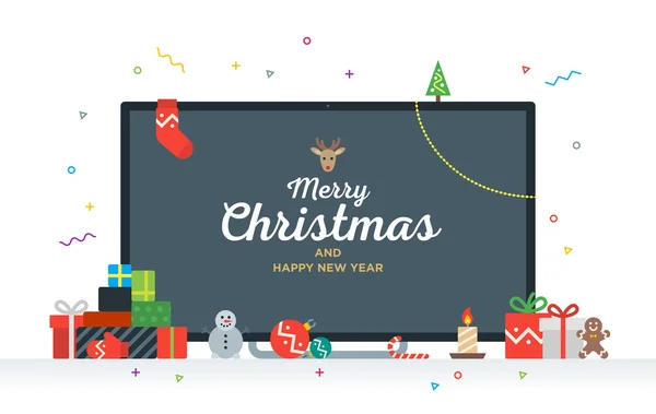 Grand téléviseur avec texte de félicitations Joyeux Noël et bonne année, cadeaux, cadeaux, boule, bonbons. Carte Geek — Image vectorielle