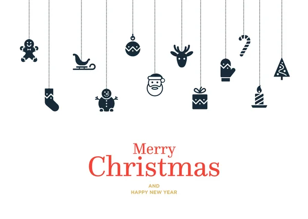 Vetor cartão de Natal com conjunto de ícones e elementos, bola, presente, mitene, doces, bugiganga — Vetor de Stock