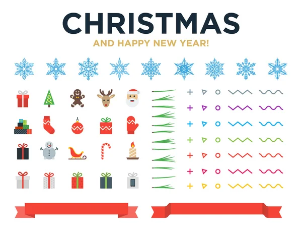 Marry Navidad y Feliz Año Nuevo elementos vectoriales de diseño moderno con copos de nieve, iconos, agujas de pino, cintas rojas — Vector de stock