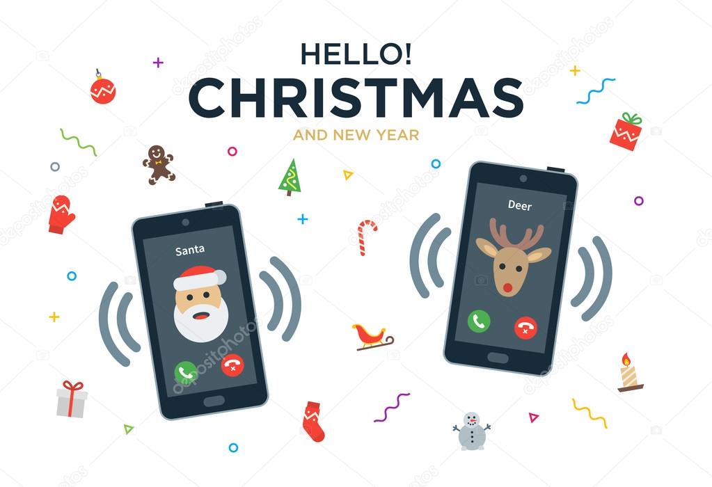 Christmas Greeting Card with phone call from Santa Claus and Reindeer