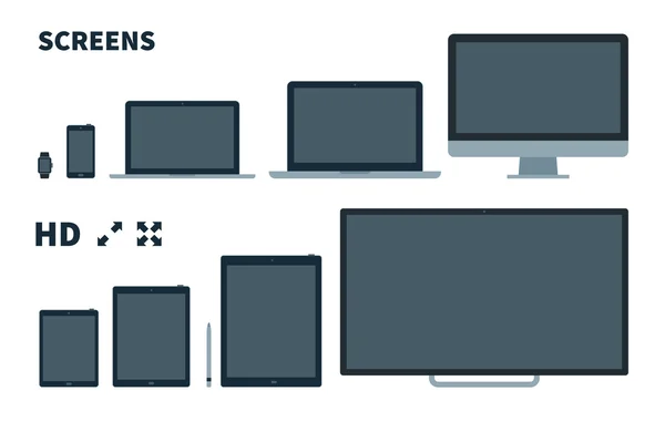 Flachbildschirm, Telefon, Monitor, Laptop, Tablet und Uhr mit Vollbild-Symbolen — Stockvektor